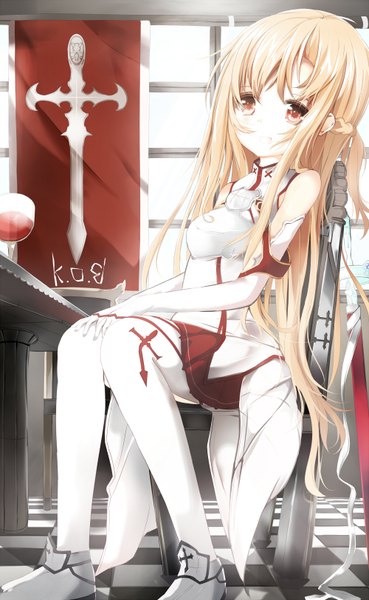 Anime picture 1000x1624 with sword art online a-1 pictures yuuki asuna umagenzin single long hair tall image blonde hair red eyes sitting girl thighhighs detached sleeves white thighhighs