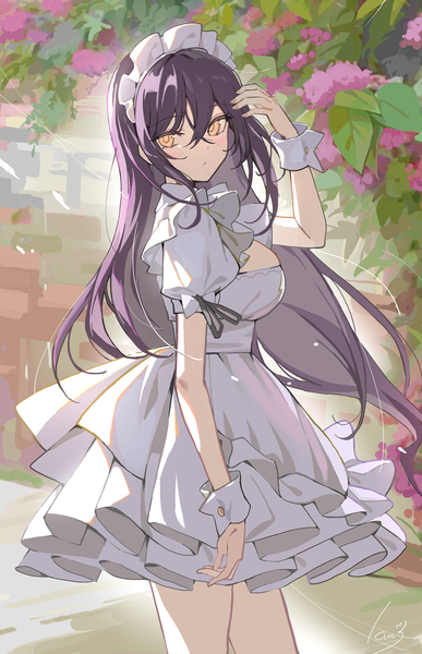 Anime picture 2283x3541 with original ikomochi single long hair tall image looking at viewer blush fringe highres breasts black hair hair between eyes standing yellow eyes arm up short sleeves maid puffy sleeves turning head girl