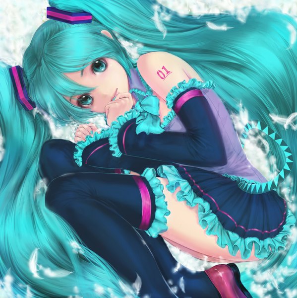 Anime picture 1000x1002 with vocaloid hatsune miku mamoru (mamoru jinja) single tall image twintails bare shoulders very long hair aqua eyes aqua hair zettai ryouiki girl thighhighs skirt black thighhighs detached sleeves miniskirt frills feather (feathers)