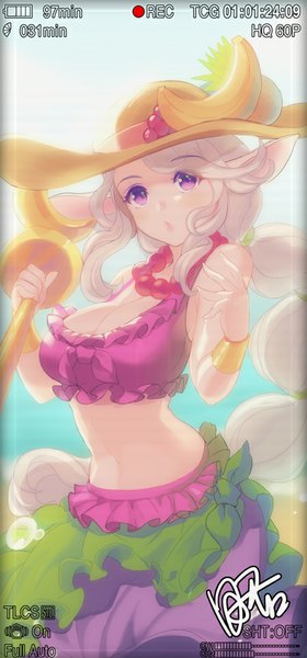 Anime picture 450x964 with league of legends soraka (league of legends) dakun87 (artist) single tall image looking at viewer breasts light erotic purple eyes animal ears very long hair grey hair bare belly girl choker bikini top