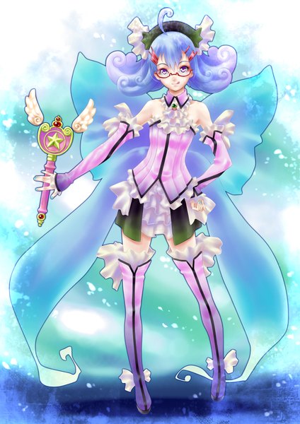 Anime picture 1272x1800 with original pandaraion (kanikani2950) single tall image short hair purple eyes bare shoulders blue hair :p magical girl girl detached sleeves glasses headdress tongue thigh boots wand