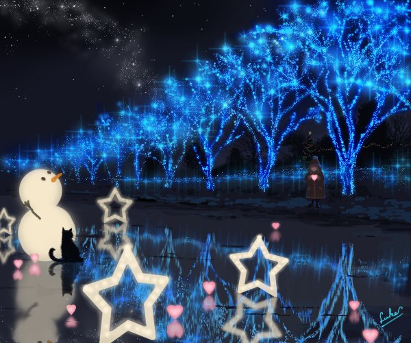 Anime picture 1200x1000 with original luke (artist) single holding night night sky reflection christmas winter glow bare tree girl plant (plants) animal tree (trees) heart star (symbol) star (stars) cat coat