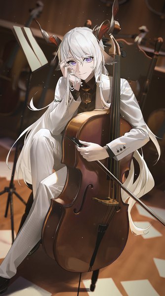 Anime picture 1300x2335 with arknights calcite (arknights) ttk (kirinottk) single long hair tall image looking at viewer fringe hair between eyes sitting purple eyes holding white hair indoors long sleeves horn (horns) light smile blurry depth of field head rest