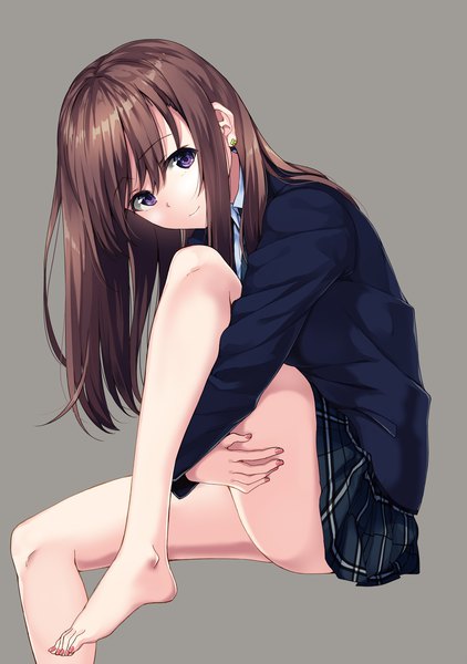 Anime picture 2549x3624 with original unasaka ryou single long hair tall image looking at viewer blush fringe highres light erotic simple background hair between eyes brown hair sitting purple eyes nail polish head tilt barefoot fingernails light smile