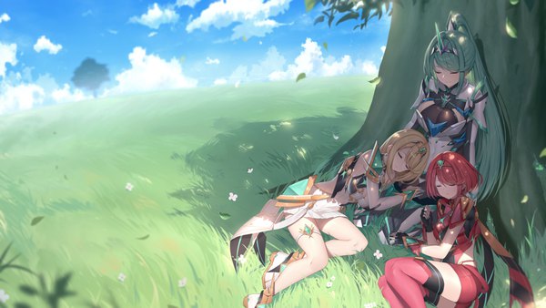 Anime picture 4000x2250 with xenoblade xenoblade 2 pyra (xenoblade) mythra (xenoblade) pneuma (xenoblade) roi (liu tian) long hair highres short hair breasts blonde hair wide image multiple girls absurdres sky cloud (clouds) bent knee (knees) outdoors ponytail red hair