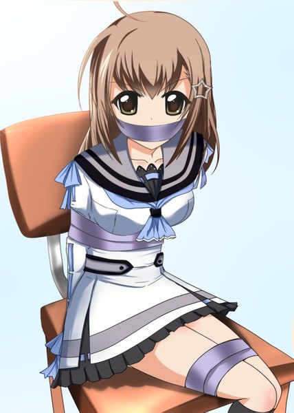 Anime picture 1375x1927 with oretachi ni tsubasa wa nai tamaizumi hiyoko rinine single long hair tall image looking at viewer simple background brown hair sitting black eyes blue background bondage girl dress hair ornament hairclip chair star hair ornament