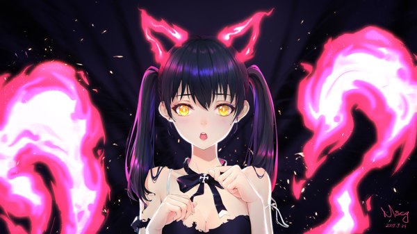 Anime picture 7000x3938 with en'en no shouboutai david production tamaki kotatsu miyama tsubaki me single long hair looking at viewer blush fringe highres breasts open mouth black hair simple background hair between eyes wide image twintails bare shoulders signed animal ears