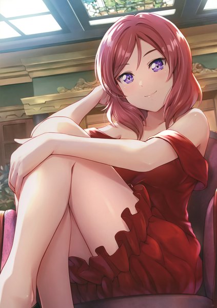 Anime picture 2486x3526 with love live! school idol project sunrise (studio) love live! nishikino maki shamakho single tall image looking at viewer blush fringe highres short hair breasts smile sitting purple eyes bare shoulders holding payot bent knee (knees)