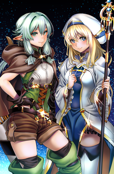 Anime picture 1000x1524 with goblin slayer! high elf archer (goblin slayer!) priestess (goblin slayer!) gesogeso long hair tall image blush fringe breasts blue eyes blonde hair smile hair between eyes standing multiple girls holding payot bent knee (knees) long sleeves green hair