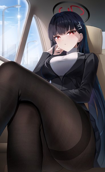 Anime picture 4000x6500 with blue archive rio (blue archive) li se single long hair tall image looking at viewer fringe highres breasts light erotic black hair red eyes sitting absurdres sky blunt bangs crossed legs car interior girl