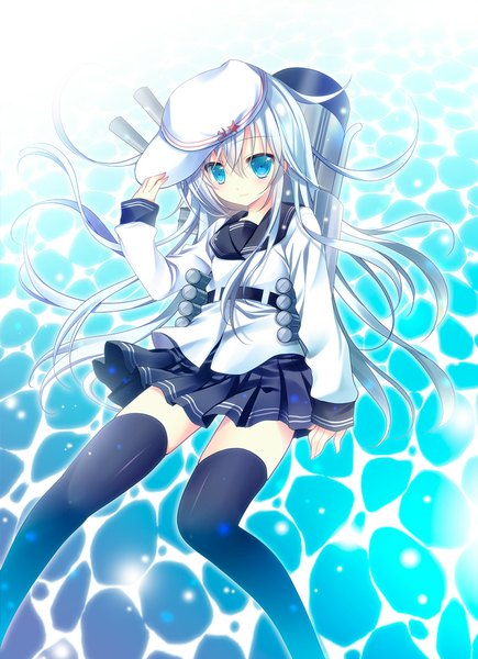 Anime picture 800x1102 with kantai collection hibiki destroyer verniy destroyer shirogane hina single long hair tall image looking at viewer blue eyes white hair hammer and sickle girl thighhighs skirt black thighhighs sailor suit flat cap