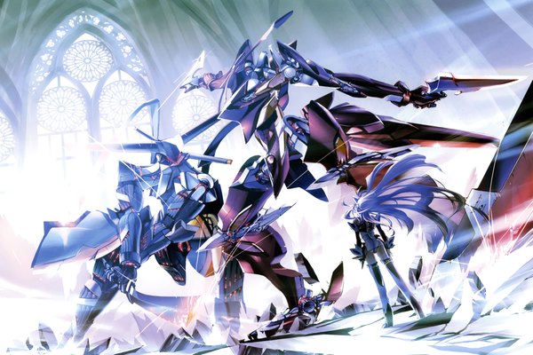 Anime picture 4450x2969 with xenosaga monolith software choco long hair highres blue hair absurdres light battle girl weapon sword mecha