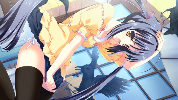 Anime picture 1024x576 with sugirly wish yusa kurumi rakko long hair open mouth black hair wide image twintails yellow eyes game cg girl thighhighs black thighhighs