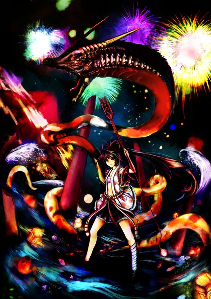 Anime picture 2893x4092 with original virus (obsession) single long hair tall image highres yellow eyes ponytail multicolored hair fireworks girl flower (flowers) bow ribbon (ribbons) lantern dragon spear