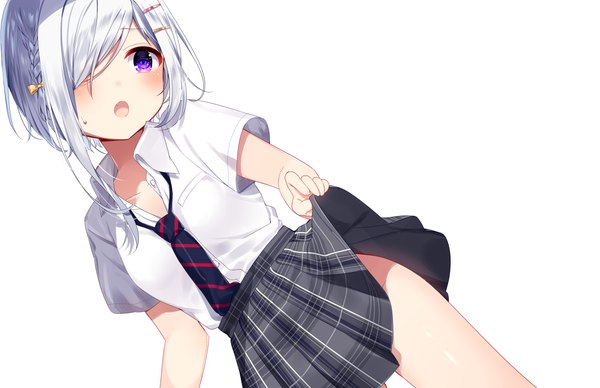 Anime picture 5396x3492 with original mafuyu (chibi21) single blush fringe highres short hair open mouth simple background standing white background purple eyes looking away absurdres white hair braid (braids) hair over one eye :o short sleeves dutch angle