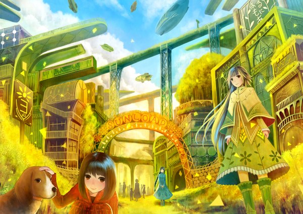 Anime picture 2480x1753 with original bounin long hair highres short hair black hair standing multiple girls brown eyes city science fiction girl plant (plants) animal tree (trees) building (buildings) 3 girls dog aircraft dirigible