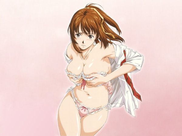 Anime picture 1600x1200 with single long hair looking at viewer blush light erotic brown hair bare shoulders brown eyes ponytail open clothes open shirt pink background covering covering breasts frilled bra frilled panties girl navel underwear panties