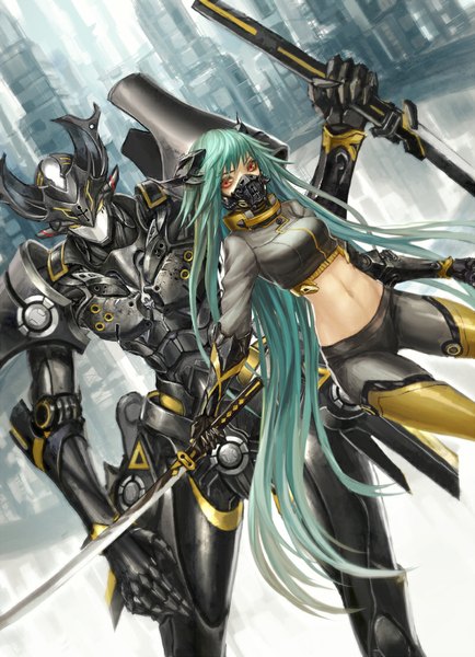 Anime picture 800x1105 with original infukun tall image looking at viewer fringe breasts holding very long hair aqua hair midriff orange eyes girl gloves navel hair ornament weapon sword katana mask mecha