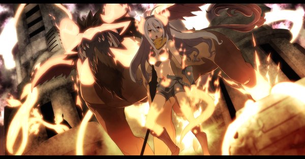 Anime picture 1050x549 with original hajime (hajime-ill-1st) long hair open mouth wide image ahoge white hair horn (horns) open shorts girl animal boots building (buildings) bikini top fire flame
