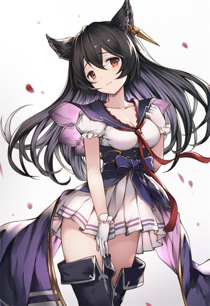 Anime picture 881x1281 with granblue fantasy nier (granblue fantasy) gin00 single long hair tall image looking at viewer blush fringe breasts black hair simple background hair between eyes red eyes standing white background animal ears cleavage head tilt pleated skirt