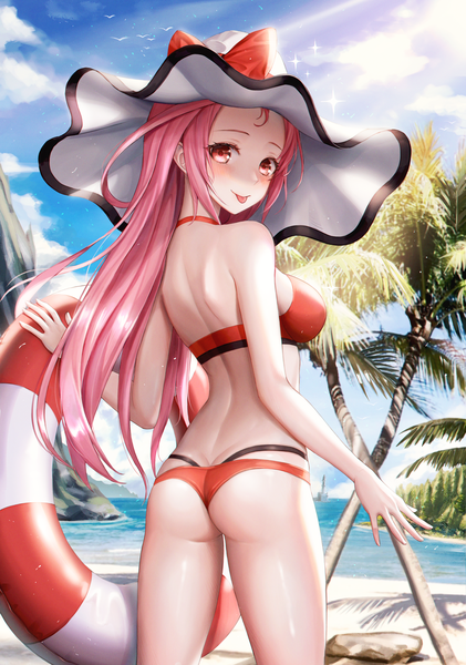 Anime picture 3440x4900 with king's raid cleo (king's raid) eichi (skskdi12z) single long hair tall image looking at viewer blush fringe highres breasts light erotic smile red eyes standing pink hair absurdres sky cloud (clouds) ass