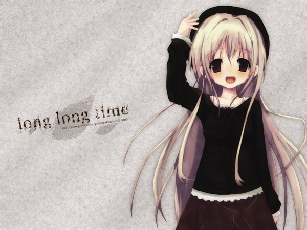 Anime picture 1600x1200 with shiro (octet) single long hair looking at viewer open mouth blonde hair standing brown eyes :d arm up girl skirt t-shirt cap