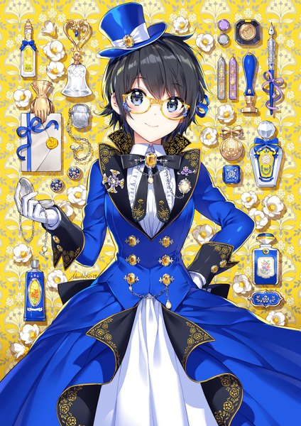 Anime-Bild 1178x1666 mit original nardack single tall image looking at viewer fringe short hair blue eyes black hair smile hair between eyes signed hand on hip double buttons girl gloves flower (flowers) ribbon (ribbons) hat glasses