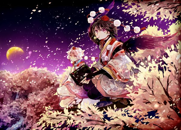 Anime picture 1000x716 with touhou shameimaru aya inubashiri momiji nosaki tsubasa nozaki tsubasa (artist) short hair black hair brown hair sitting purple eyes multiple girls animal ears yellow eyes silver hair traditional clothes animal tail pink eyes wind night night sky