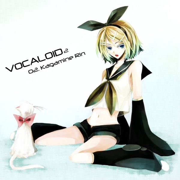 Anime picture 1531x1531 with vocaloid kagamine rin nako (nonrain) single short hair open mouth blue eyes simple background blonde hair white background sitting inscription girl navel hair ornament bow hair bow detached sleeves shorts bobby pin