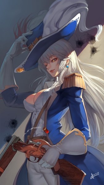 Anime picture 1000x1779 with crusaders quest (game) squidsmith single long hair tall image fringe breasts smile hair between eyes large breasts standing holding signed yellow eyes payot looking away cleavage white hair parted lips lips