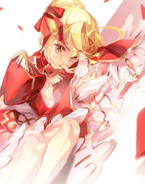 Anime picture 2150x2735 with fate (series) fate/extra nero claudius (fate) (all) nero claudius (fate) didtldms0312 single tall image highres short hair blonde hair brown eyes lying hair bun (hair buns) on side girl ribbon (ribbons) hair ribbon epaulettes