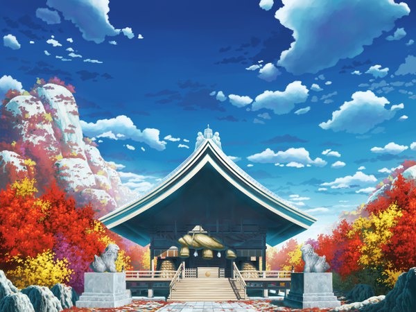 Anime picture 1280x960 with touhou aoha (twintail) sky cloud (clouds) sunlight shadow no people landscape autumn plant (plants) tree (trees) leaf (leaves) stairs autumn leaves statue shrine hakurei shrine komainu