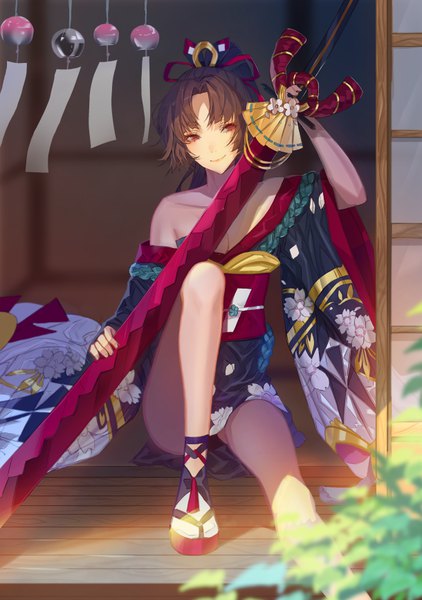 Anime picture 610x867 with onmyoji youtouhime lloule single long hair tall image light erotic smile red eyes brown hair sitting bare shoulders ponytail traditional clothes japanese clothes girl weapon obi huge weapon huge sword