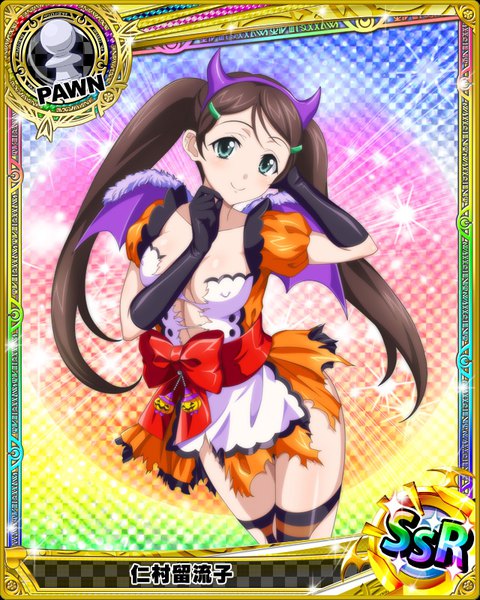 Anime picture 640x800 with highschool dxd nimura ruruko single long hair tall image looking at viewer blue eyes light erotic smile brown hair twintails horn (horns) torn clothes halloween card (medium) girl thighhighs dress gloves wings