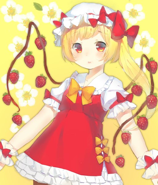 Anime picture 1500x1750 with touhou flandre scarlet acidear single long hair tall image looking at viewer blush short hair blonde hair red eyes one side up yellow background alternate wings girl dress flower (flowers) bow hair bow wings