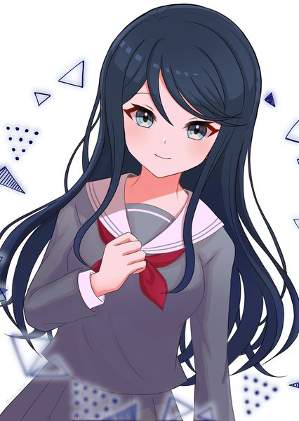 Anime picture 1447x2039 with project sekai hoshino ichika (project sekai) maaiikuka single long hair tall image looking at viewer blush fringe blue eyes black hair simple background smile hair between eyes standing white background payot pleated skirt hand on chest girl