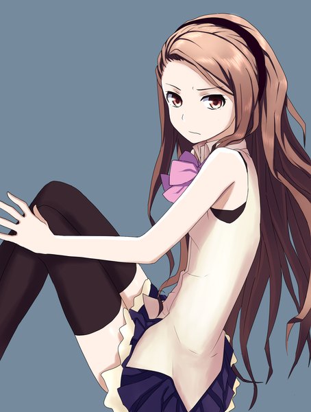 Anime picture 1500x1981 with idolmaster minase iori fukimin single long hair tall image looking at viewer highres simple background brown hair sitting brown eyes pleated skirt blue background girl thighhighs skirt black thighhighs hairband