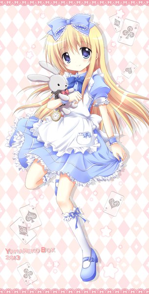 Anime picture 660x1300 with alice in wonderland original alice (wonderland) nanase miori single long hair tall image looking at viewer blush blue eyes blonde hair smile full body puffy sleeves checkered checkered background rhombus 2013 girl bow
