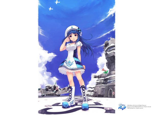 Anime picture 1600x1200 with pangya arin single long hair looking at viewer smile white background blue hair sky happy girl dress flower (flowers) ribbon (ribbons) hat choker boots ground vehicle aircraft airplane