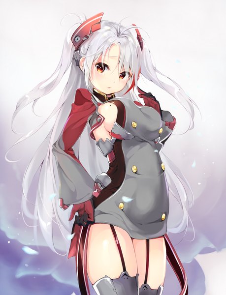 Anime picture 1300x1700 with azur lane prinz eugen (azur lane) t-bth single long hair tall image looking at viewer blush fringe breasts light erotic simple background hair between eyes red eyes large breasts standing payot silver hair ahoge long sleeves