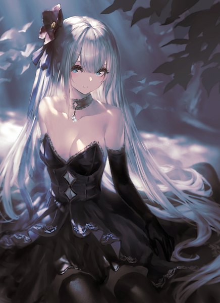 Anime picture 900x1239 with original garuku single long hair tall image looking at viewer fringe breasts blue eyes sitting bare shoulders silver hair blunt bangs hair flower from above light smile girl thighhighs dress gloves