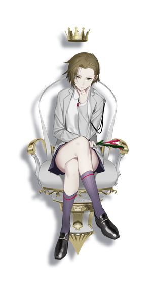 Anime picture 512x1024 with caligula female protagonist (caligula) oguchi (sugimoto gang) single tall image looking at viewer short hair brown hair sitting brown eyes full body official art crossed legs transparent background chin rest girl uniform flower (flowers) school uniform shirt