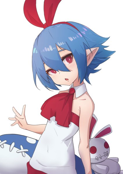 Anime picture 3035x4299 with disgaea pleinair usagi-san elach single tall image looking at viewer fringe highres short hair open mouth hair between eyes red eyes white background blue hair absurdres pointy ears :o sleeveless flat chest