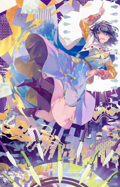 Anime picture 2160x3345 with touhou unconnected marketeers tenkyuu chimata kyusoukyu single tall image highres short hair purple eyes blue hair looking away full body arm up high heels girl dress knee boots knife zipper