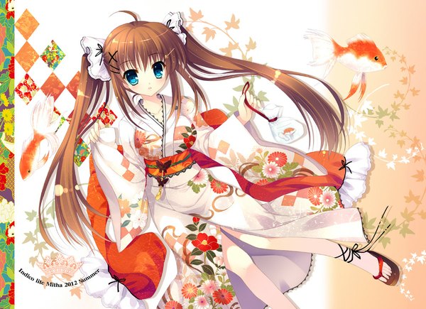 Anime picture 1000x725 with original mitha single looking at viewer blue eyes brown hair twintails very long hair japanese clothes girl flower (flowers) kimono obi fish (fishes)