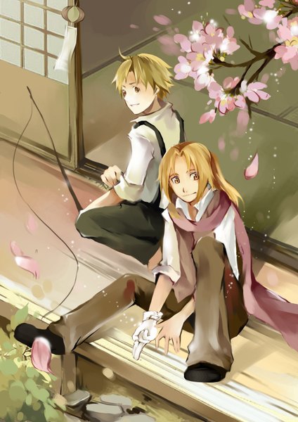 Anime picture 2480x3508 with fullmetal alchemist studio bones edward elric alphonse elric deta tall image highres short hair blonde hair smile sitting yellow eyes cherry blossoms siblings brothers boy shirt petals scarf pants
