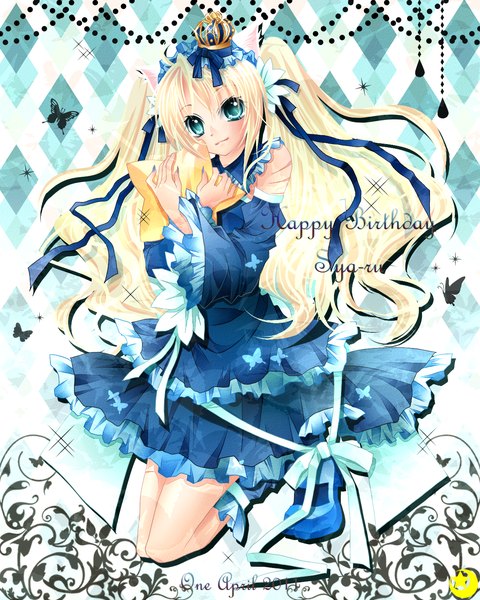 Anime picture 1200x1500 with original midzuki single long hair tall image looking at viewer blue eyes blonde hair sparkle girl dress bow ribbon (ribbons) hair ribbon insect butterfly crown