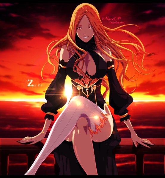Anime picture 1111x1200 with area d (manga) asura (area d) eroishi single long hair tall image light erotic smile sky cloud (clouds) sunlight orange hair orange eyes crossed legs coloring evening sunset girl thighhighs dress