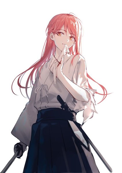 Anime picture 581x825 with original huanxiang heitu single long hair tall image fringe simple background standing white background holding looking away upper body red hair long sleeves traditional clothes japanese clothes wide sleeves orange eyes mouth hold torn clothes