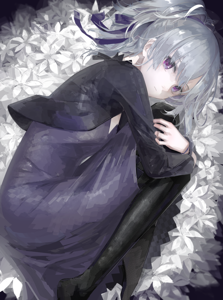 Anime picture 1872x2516 with darker than black studio bones yin (darker than black) aspara single long hair tall image looking at viewer fringe highres purple eyes full body bent knee (knees) ponytail lying from above grey hair no shoes embryo's pose girl